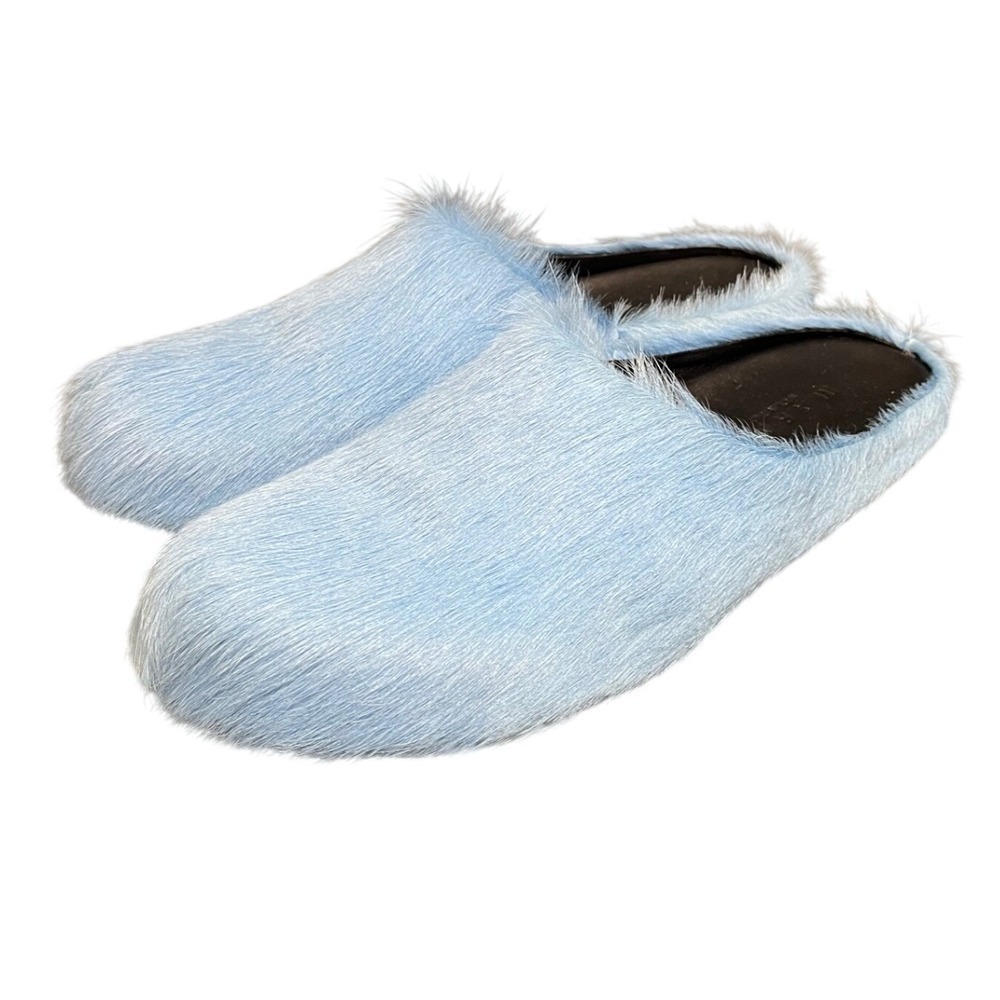 Marni Fussbett Sabot Mens 44 US 11 Blue Calf Hair Furry Mules Slides Shoes